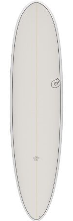 White surfboard with a beige center stringer, black rail outline, and a small logo on the lower right, photographed front view
