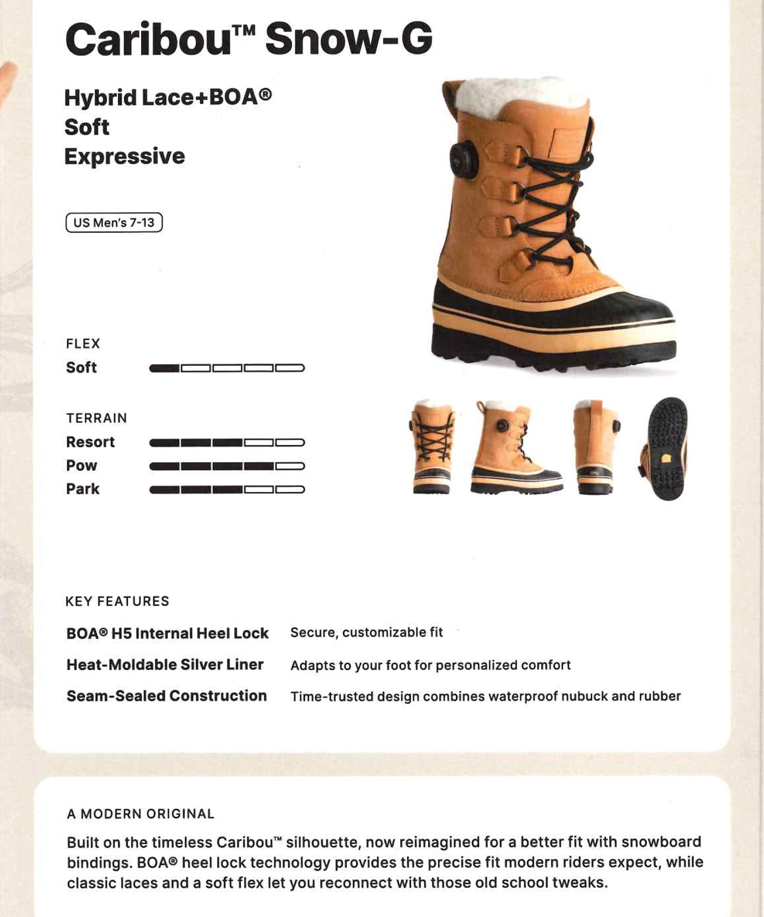 n15550101219999_sub01_LL - SHOP NEWS | ムラサキスポーツオンラインストア 通販 Caribou Snow-G tan winter boot with black sole and Boa dial; sizes US men's 7–13; features Flex Soft and terrain indicators.