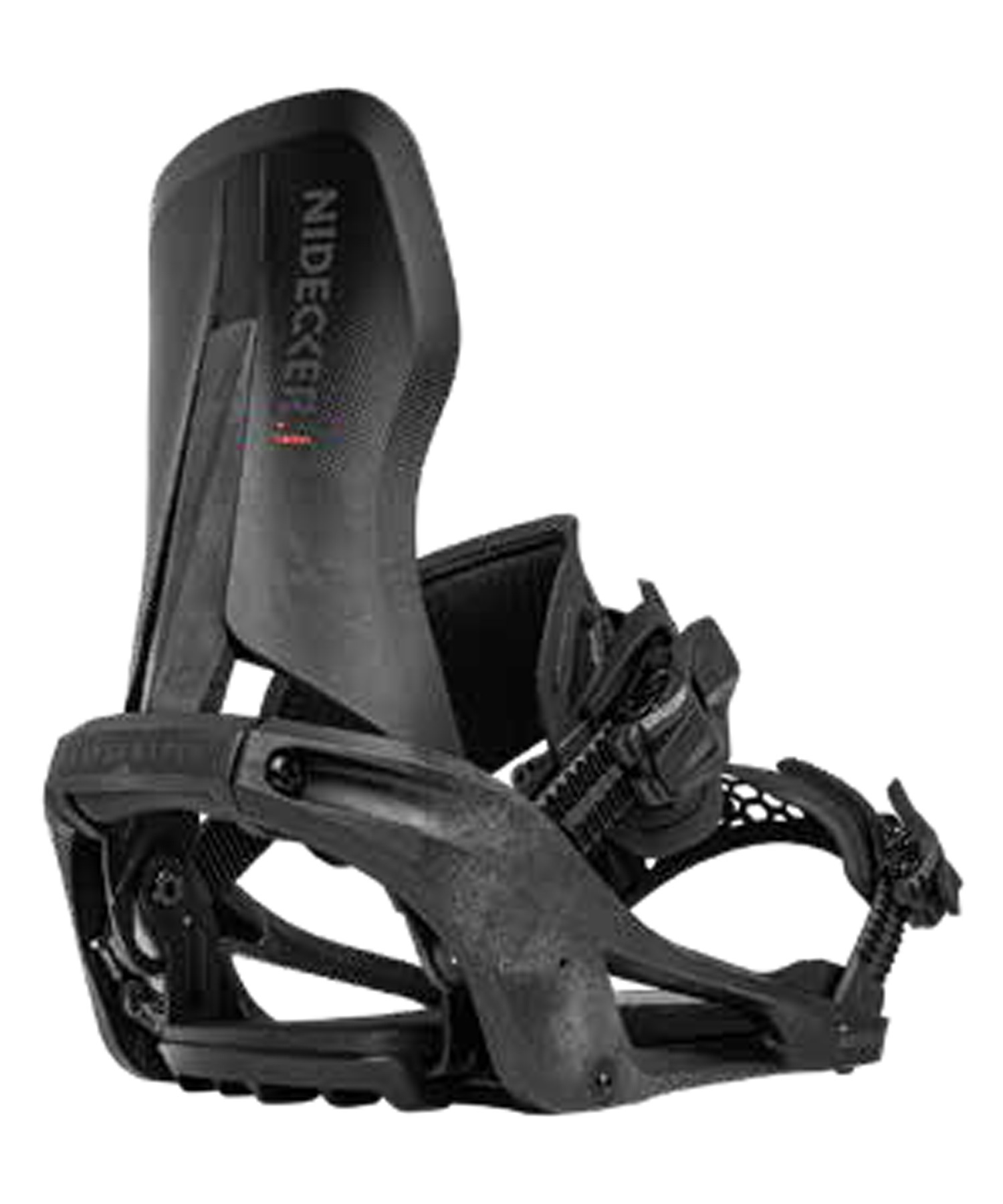 Black snowboard binding with highback and strapped ankle/toe bindings, designed to attach boots to a snowboard.