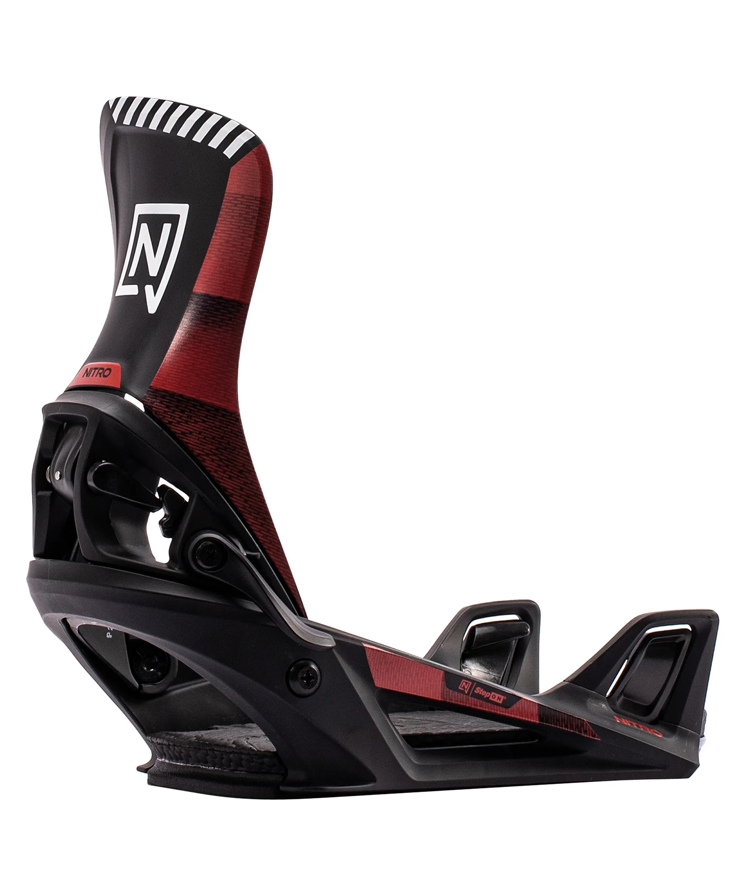 Red-and-black snowboard binding with a tall highback, adjustable straps, and a sturdy baseplate (Nitro Step On).