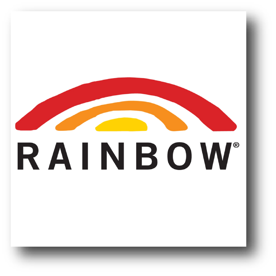 Rainbow logo with three curved arches in red, orange, and yellow above the word RAINBOW.