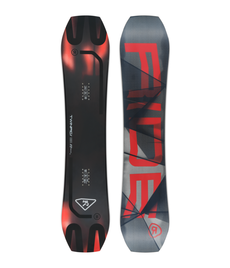 Pair of twin-tip snowboards standing upright side by side: left board with a black-to-red gradient, right board gray with large red geometric lettering.