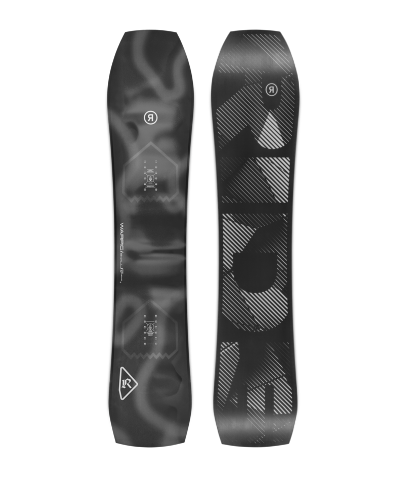 Pair of snowboard decks standing upright side by side, left with smoky gray pattern and small emblem, right with bold geometric diagonal shapes and lines.