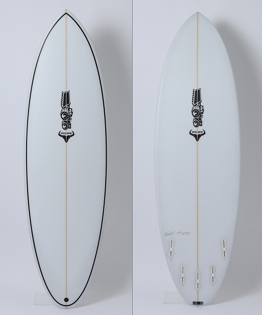 Two white surfboards standing upright, each with a wooden stringer and a midboard logo on a light background.