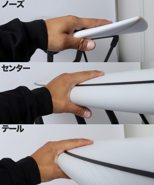 Hand pressing the nose of a white surfboard; label ノーズ (nose).