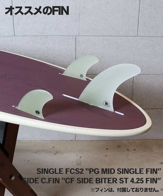 Surfboard on a stand with three pale fins attached; Japanese text at top says 'Recommended FINS' and model names listed at bottom.