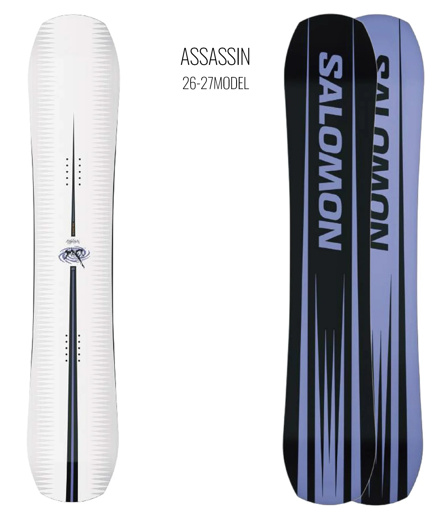 Pair of snowboards: a white Assassin 26-27 model on the left and blue/black Salomon boards on the right with bold graphics.