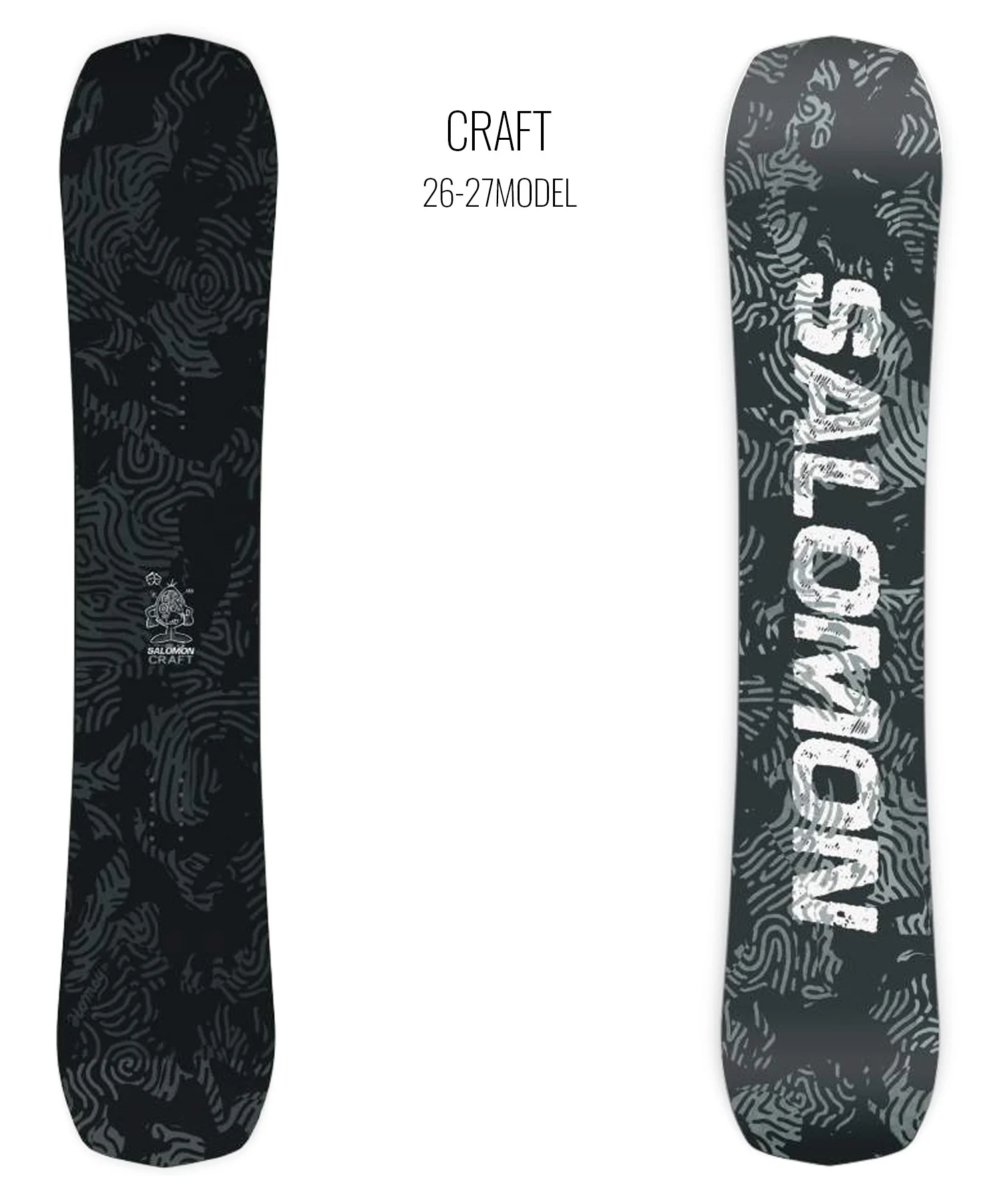 Two snowboard decks with dark swirling patterns; left board has a small logo near the base, right board shows large vertical 'CRAFT' text.