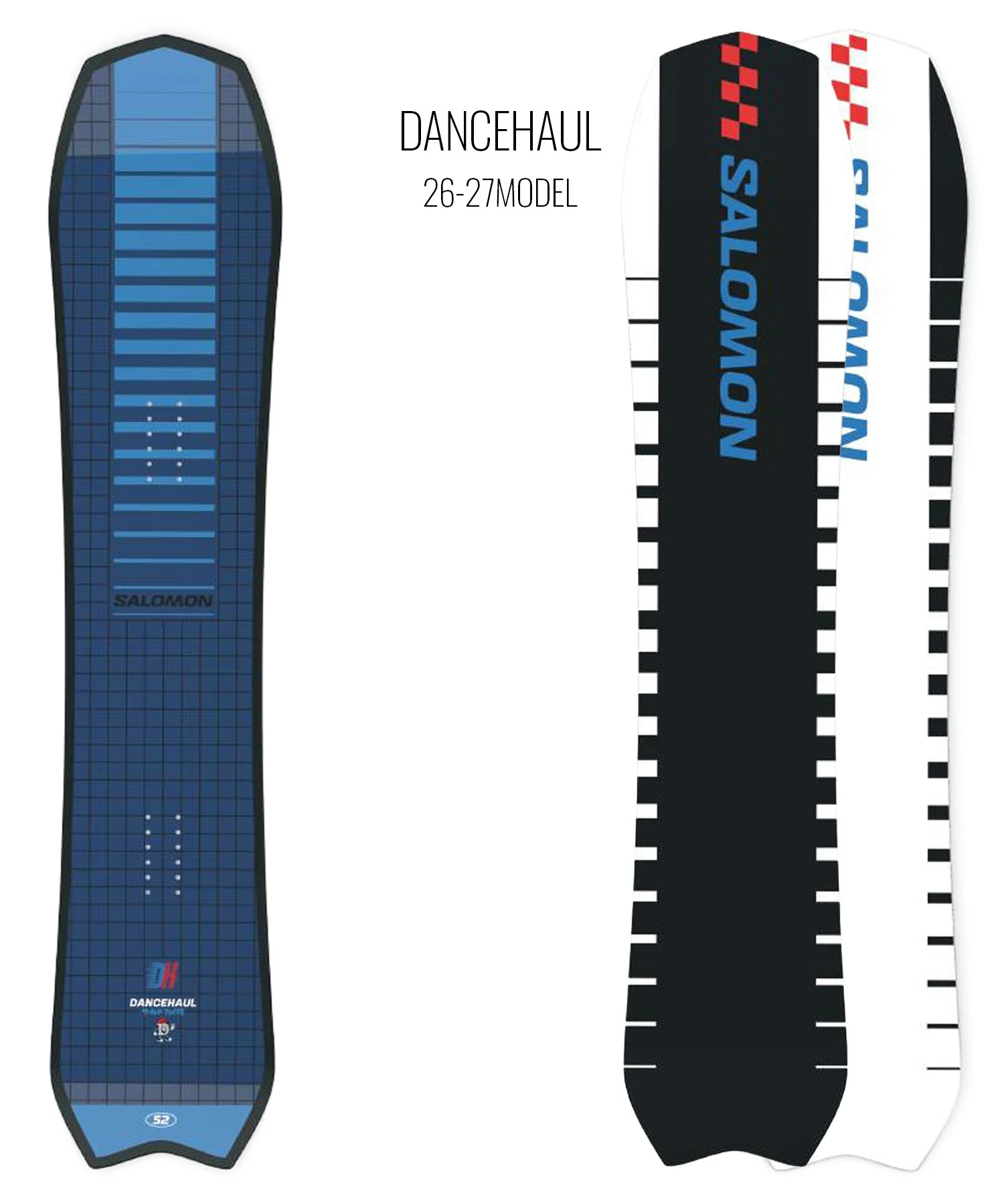 Two snowboards shown side by side: blue Dancehaul model on the left and a black/white Salomon board on the right with blue logo on the black panel.