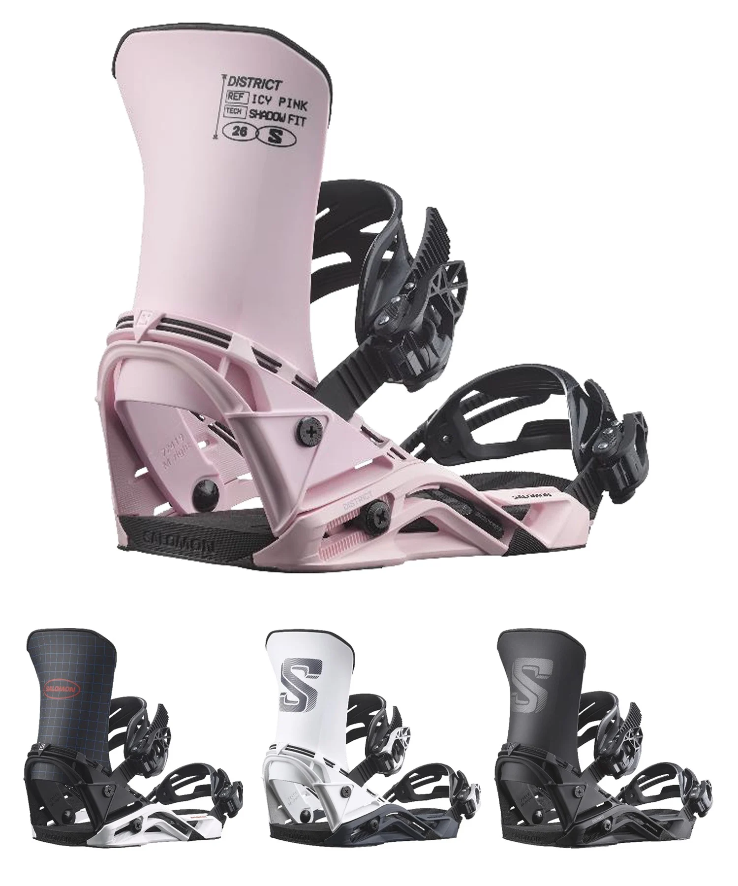 Pink Salomon snowboard binding with highback, straps and ratchets on a white background.