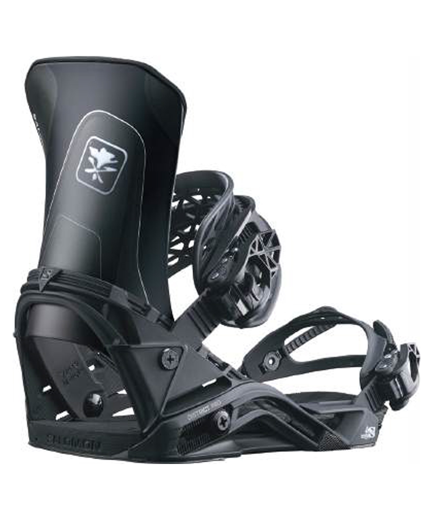 Black snowboard binding with highback, ankle strap, and baseplate visible.
