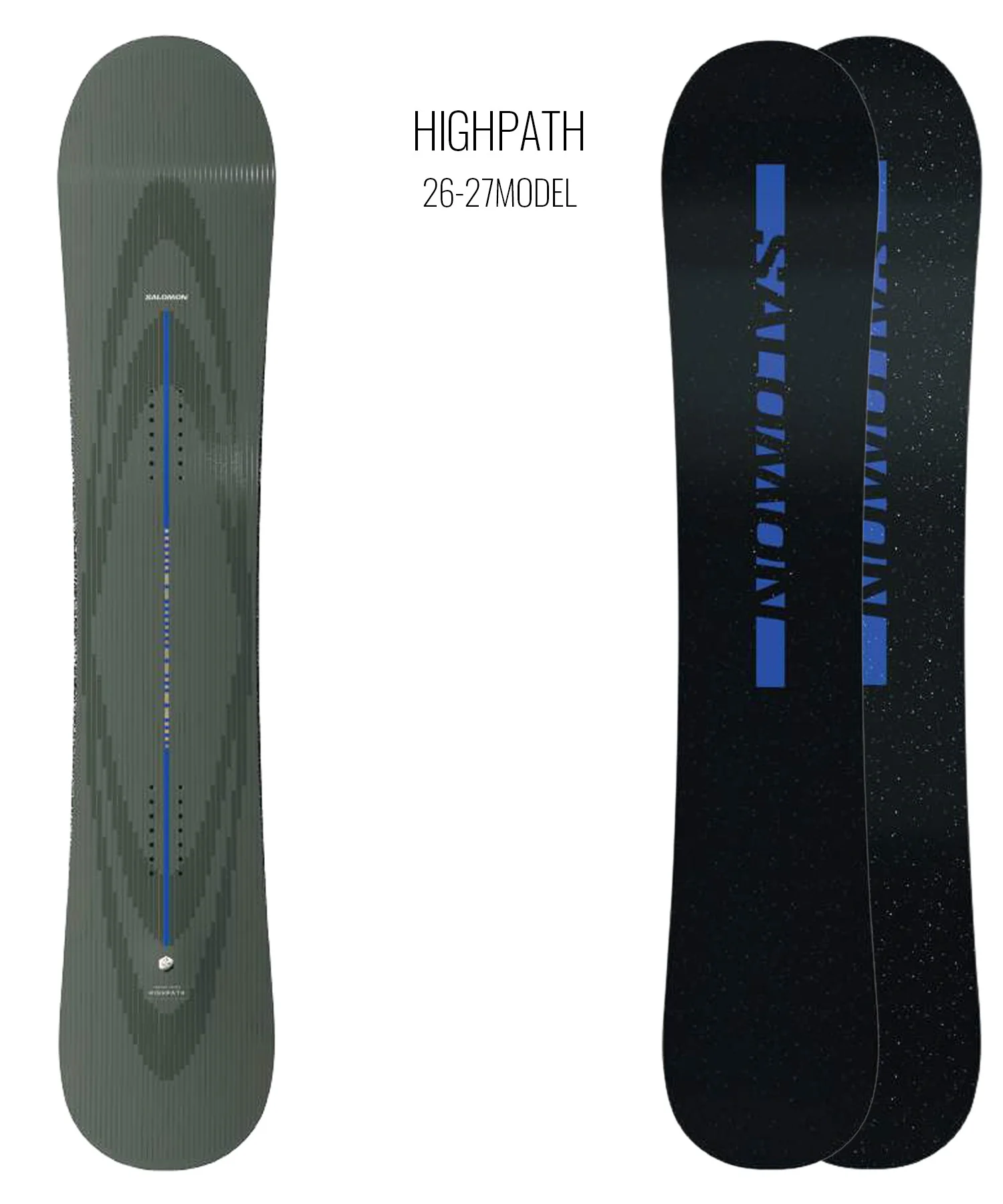 Two snowboards standing upright side by side; left is olive green with a geometric pattern, right is black with blue graphics and speckled design, centered text reads HIGHPATH 26-27 MODEL.