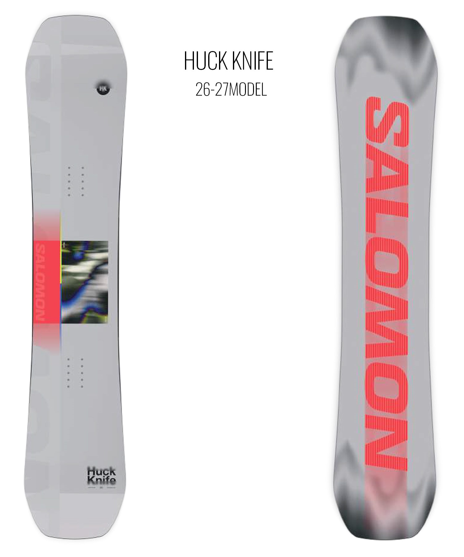 Two views of a gray Huck Knife snowboard, 26-27 model. Left side shows the nose with a small logo and a vertical red Salomon branding stripe; right side shows the tail with bold pink SALOMON lettering along the board.