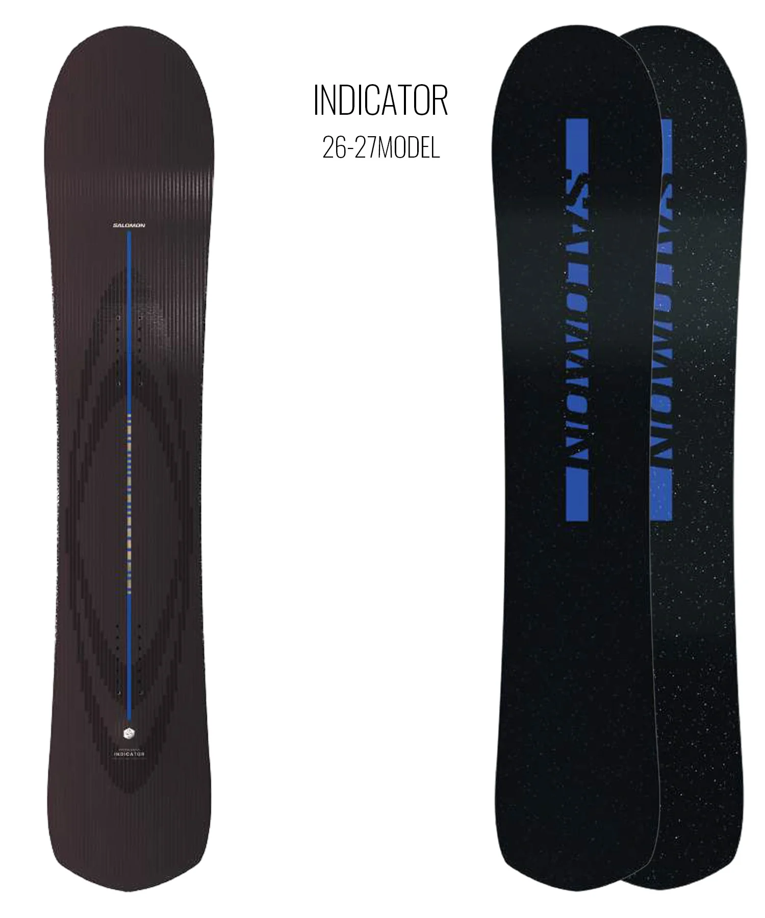 Two snowboards: a brown Indicator 26-27 model with a blue vertical stripe on the left, and two black boards with blue Indicator lettering on the right.