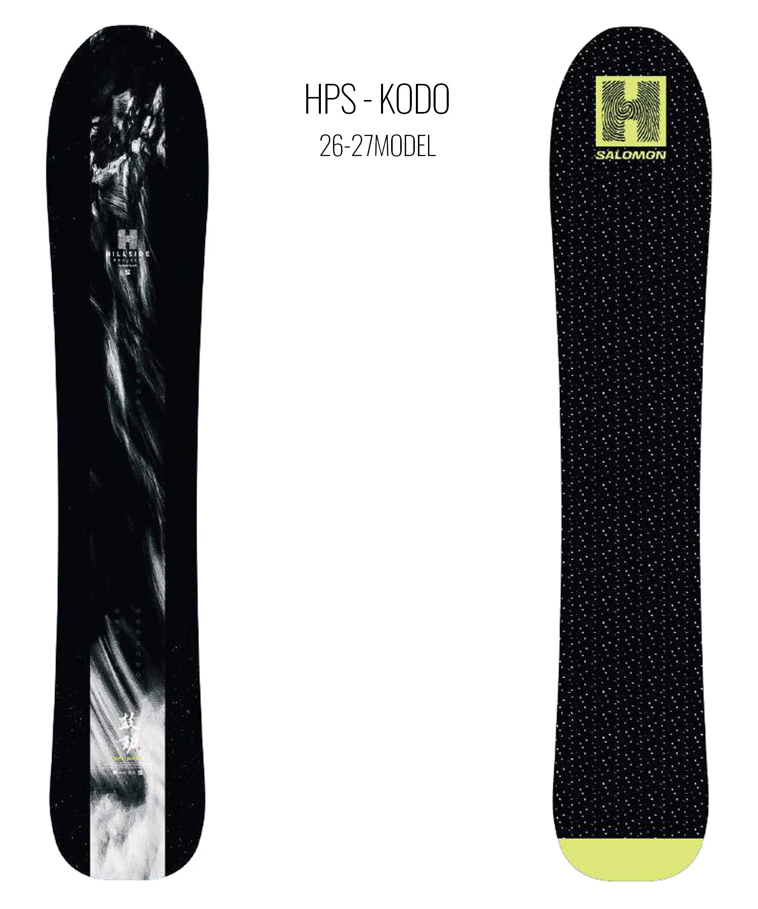 Two snowboard decks shown side by side: left is black with abstract grayscale artwork; right is black with white speckles and a yellow Salomon logo at the top, lime tip at the bottom. (HPS-KODO 26-27 MODEL)
