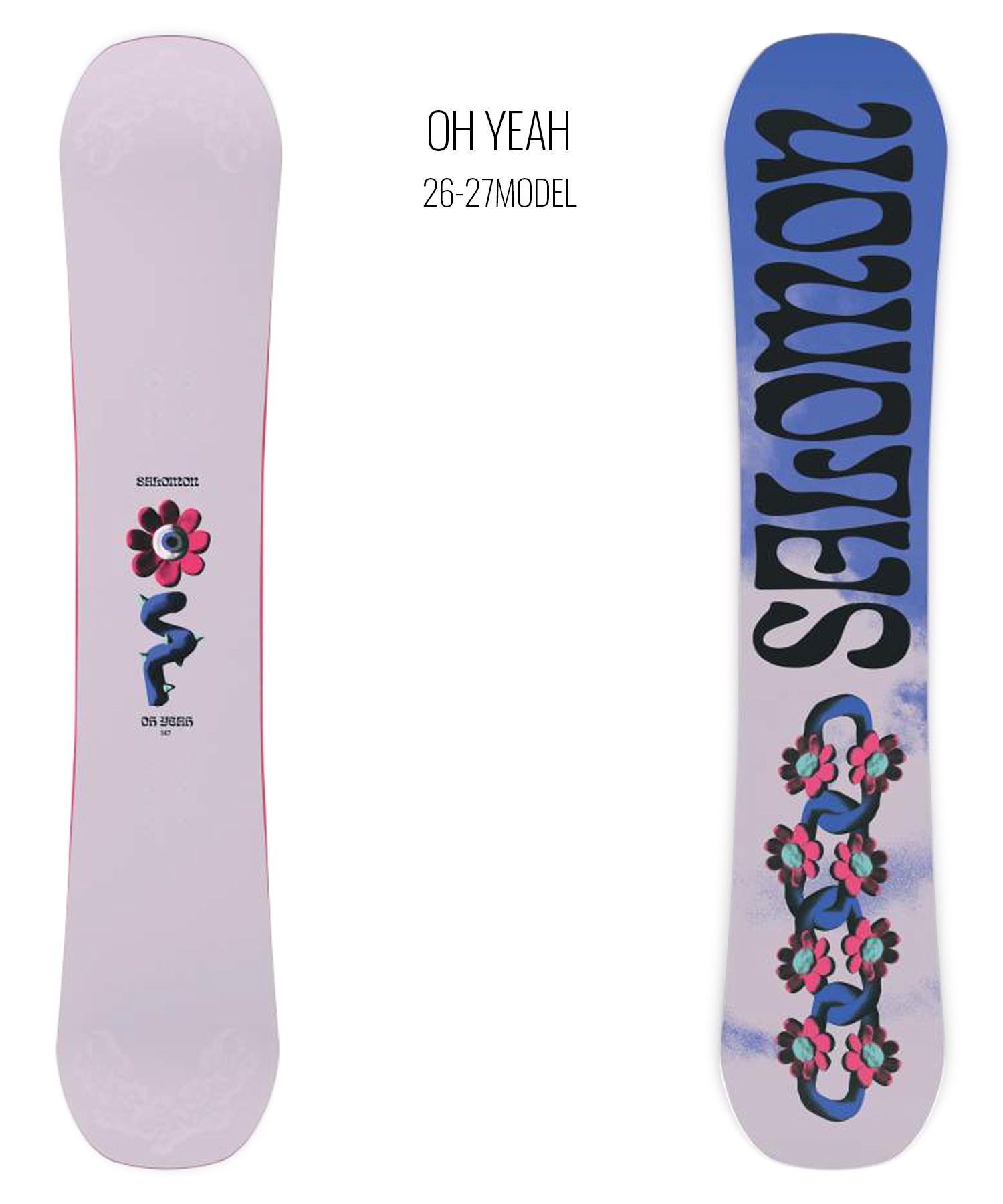 Two snowboards side by side: left lavender with a small flower graphic, right blue with large black lettering and pink flowers; center text reads 'OH YEAH 26-27MODEL'.