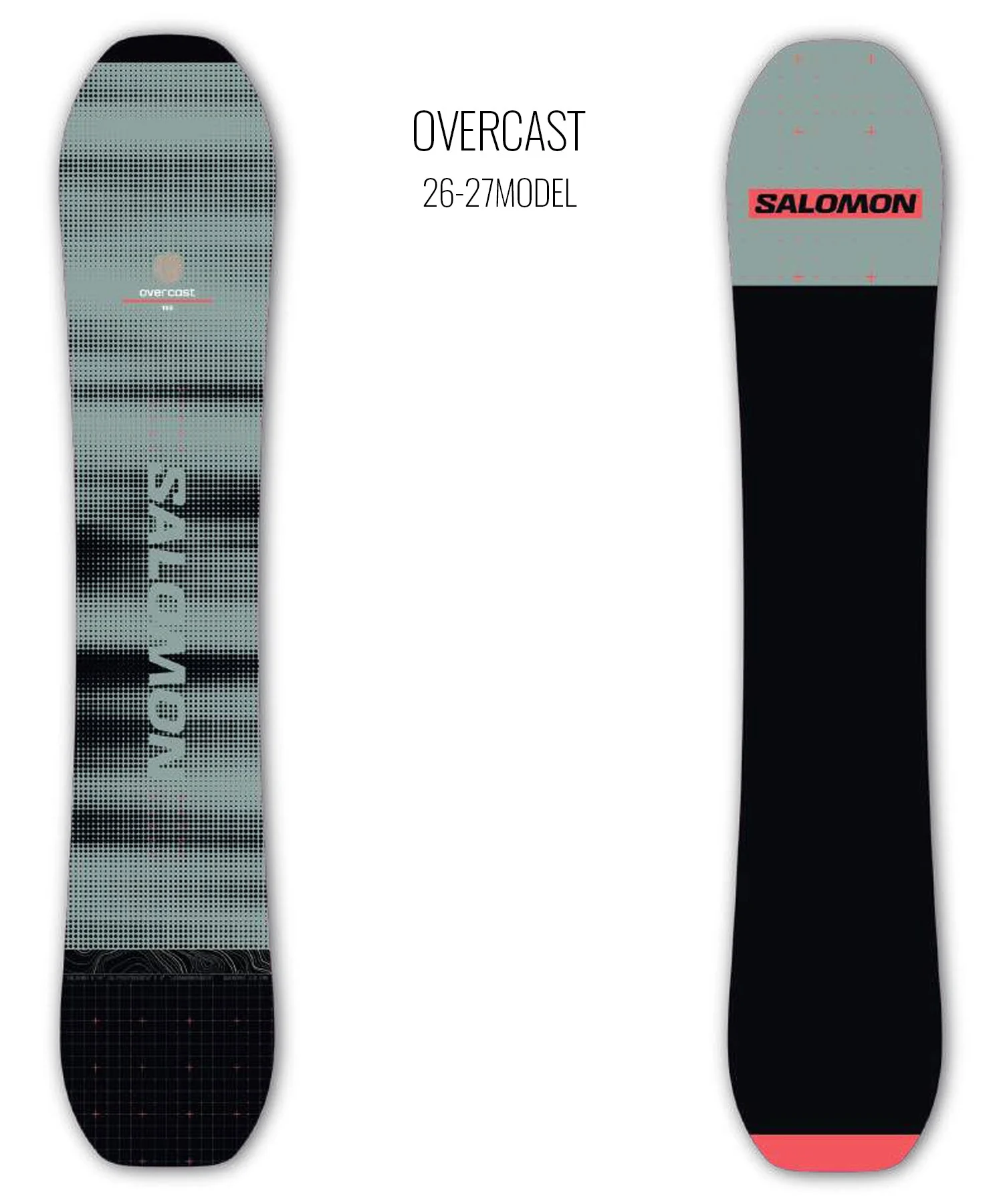 Two snowboards shown side by side: left Overcast 26-27 model with dotted gray pattern, right Salomon board with gray top and black base.