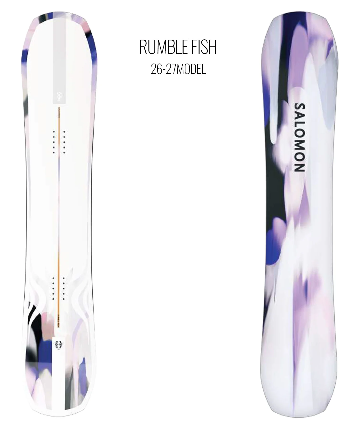 Two snowboard decks shown side by side: left deck white with subtle abstract accents, right deck with a purple wash and a vertical 'SALOMON' logo.