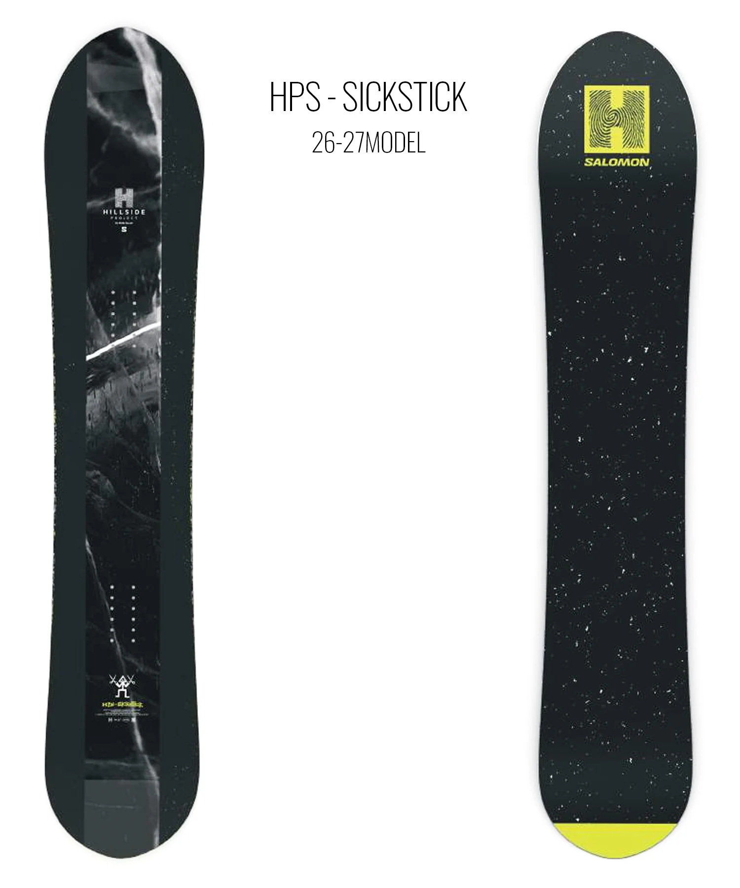 Two snowboards shown side by side, one with a dark marble design and the other with a black speckled finish and a yellow Salomon logo, labeled HPS-Sickstick 26-27 model in the center.