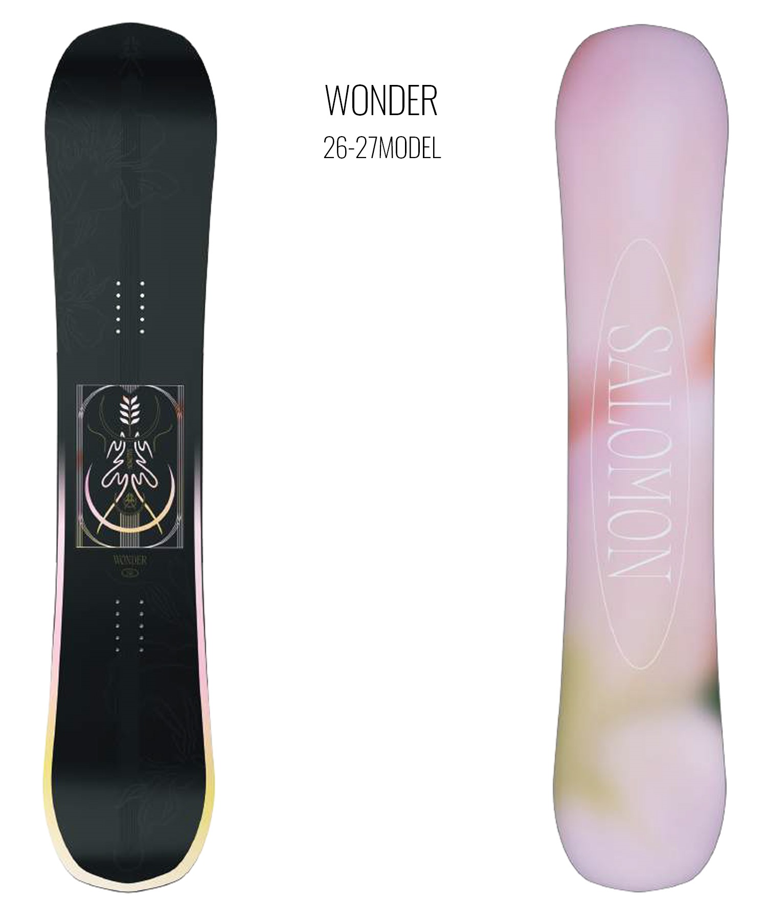 Two Wonder snowboards shown side by side: left a black board with graphic and pale rim, right a pastel lavender gradient board with WONDER logo; text in center reads 'WONDER 26-27 MODEL'.