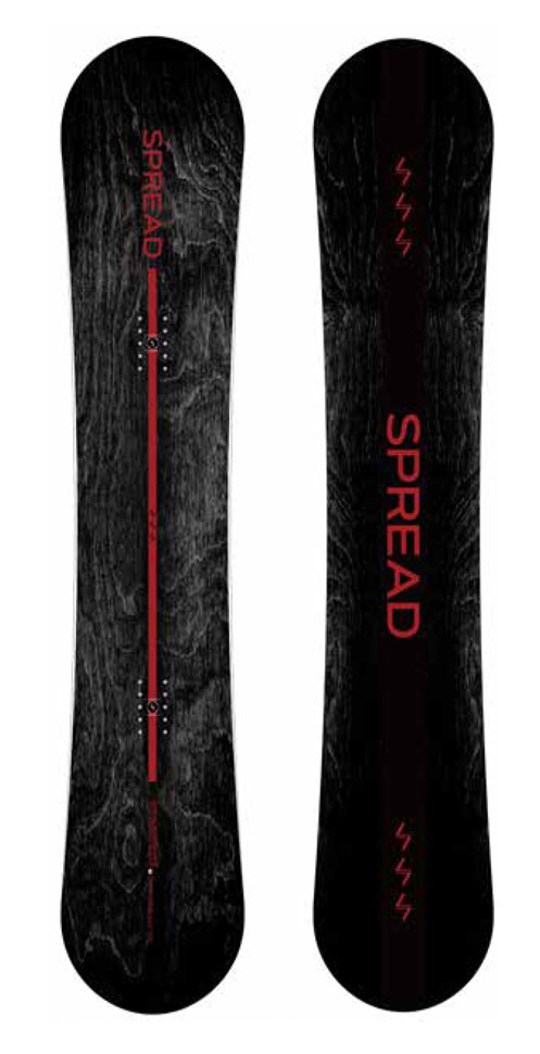 Two black snowboard decks with red branding and a central red stripe for a bold look—SPREAD logo visible on both boards in red.