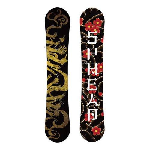 Two black snowboards with ornate designs: the left board features a gold dragon motif, the right board shows red plum blossoms and vertical white lettering.