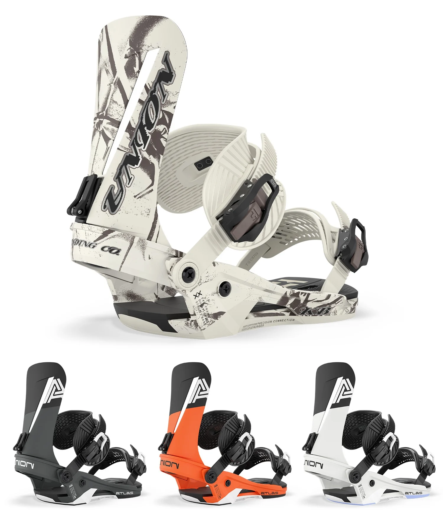 Wide view of a white snowboard with bindings overhead and three colorway bindings below, showcasing the ATLAS binding system arrangement.