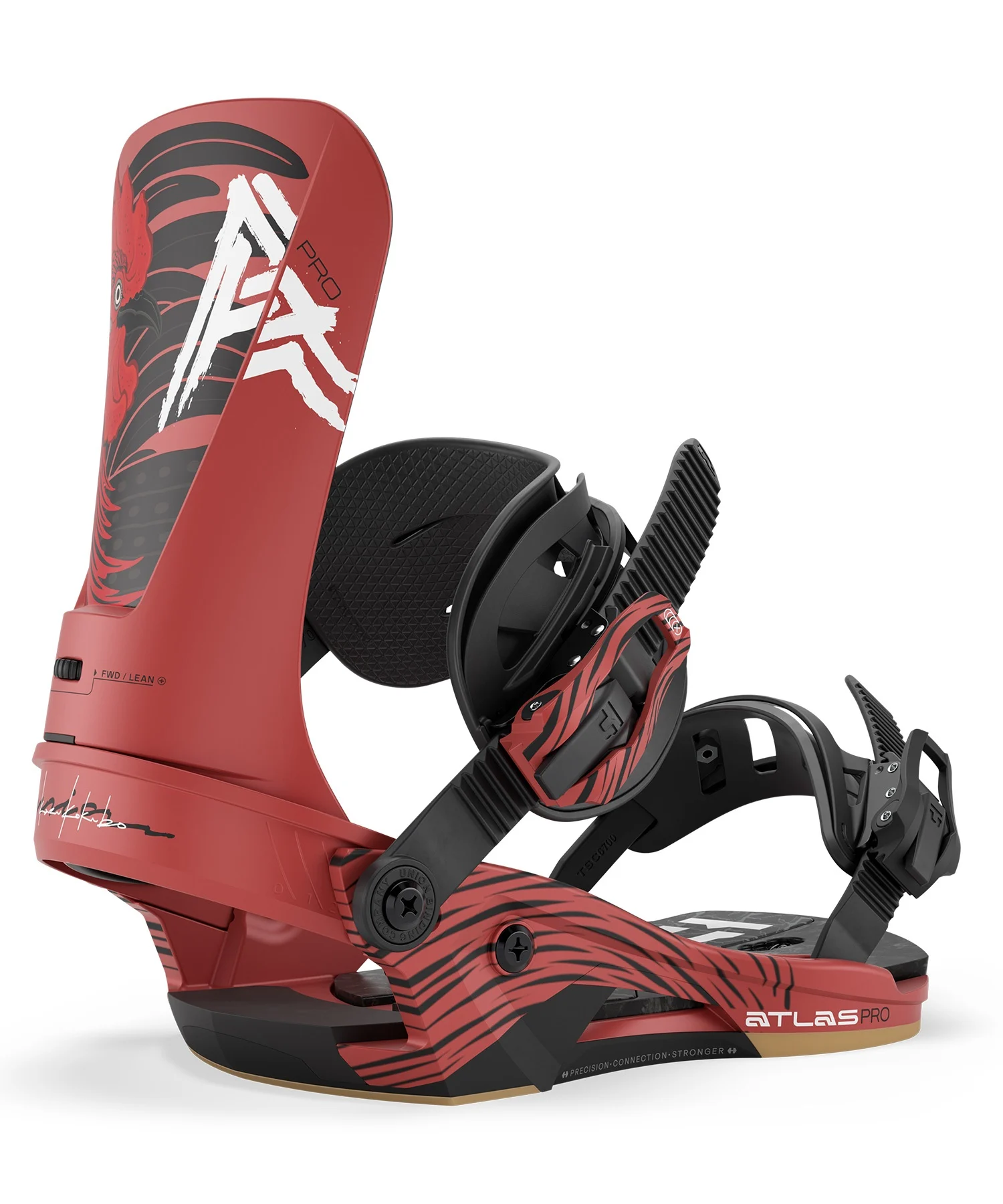 Red Atlas Pro snowboard binding with black straps and tiger-striped design, viewed from the side/forward angle.
