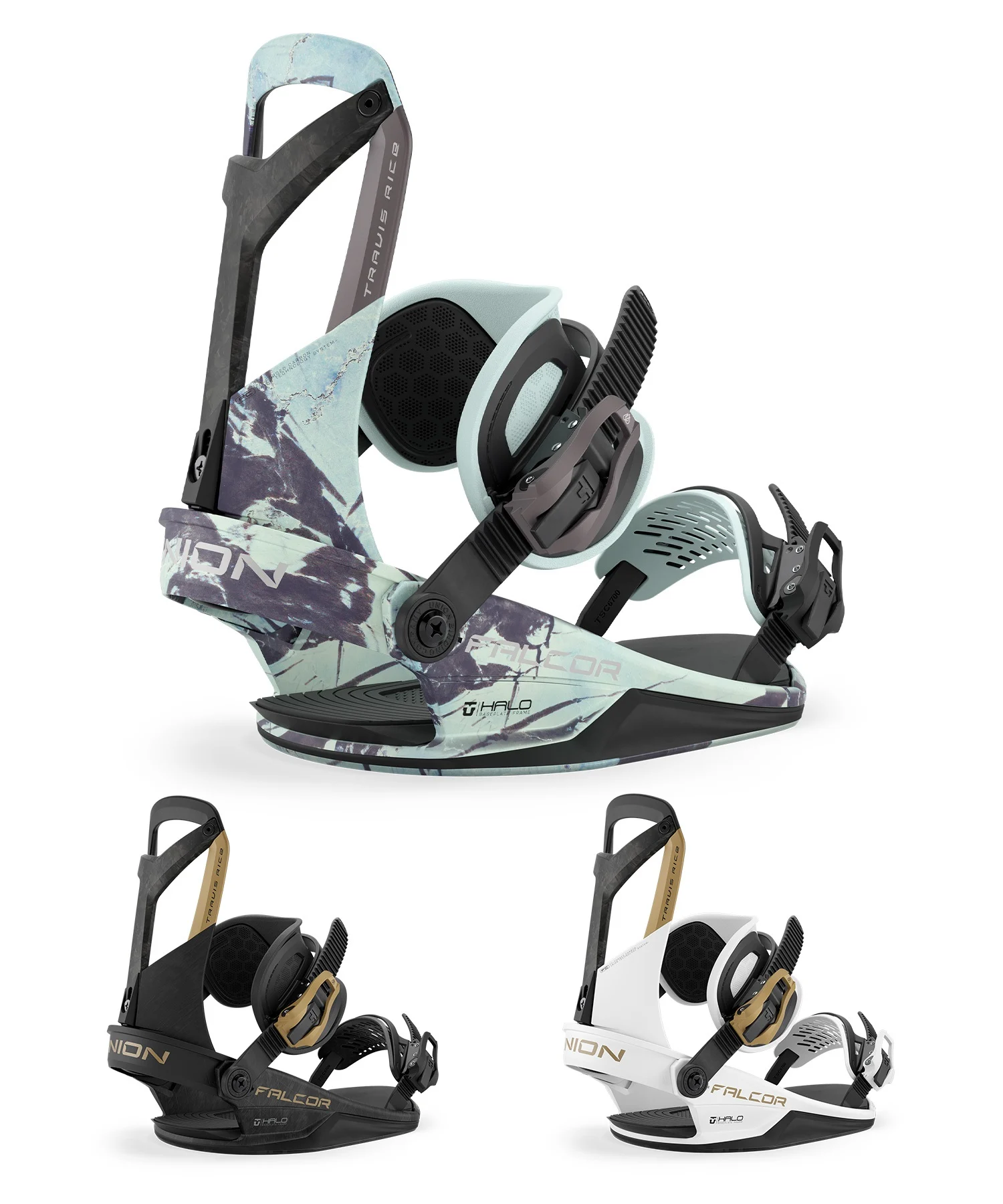 A set of three snowboard bindings in mint/camo, black, and white colorways, shown from the side with highbacks and ratchets.