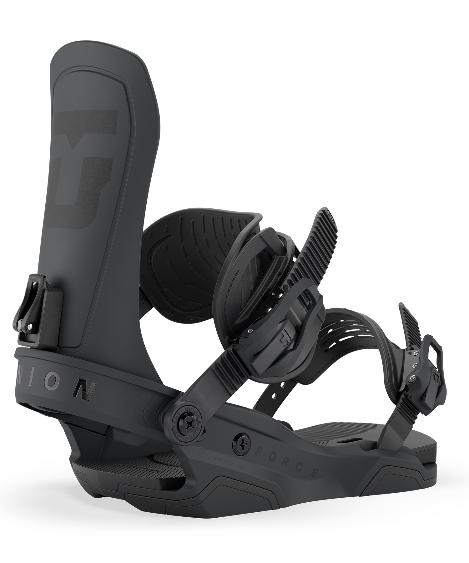 Close-up of a dark snowboard binding with an adjustable highback, straps, and ratchets visible
