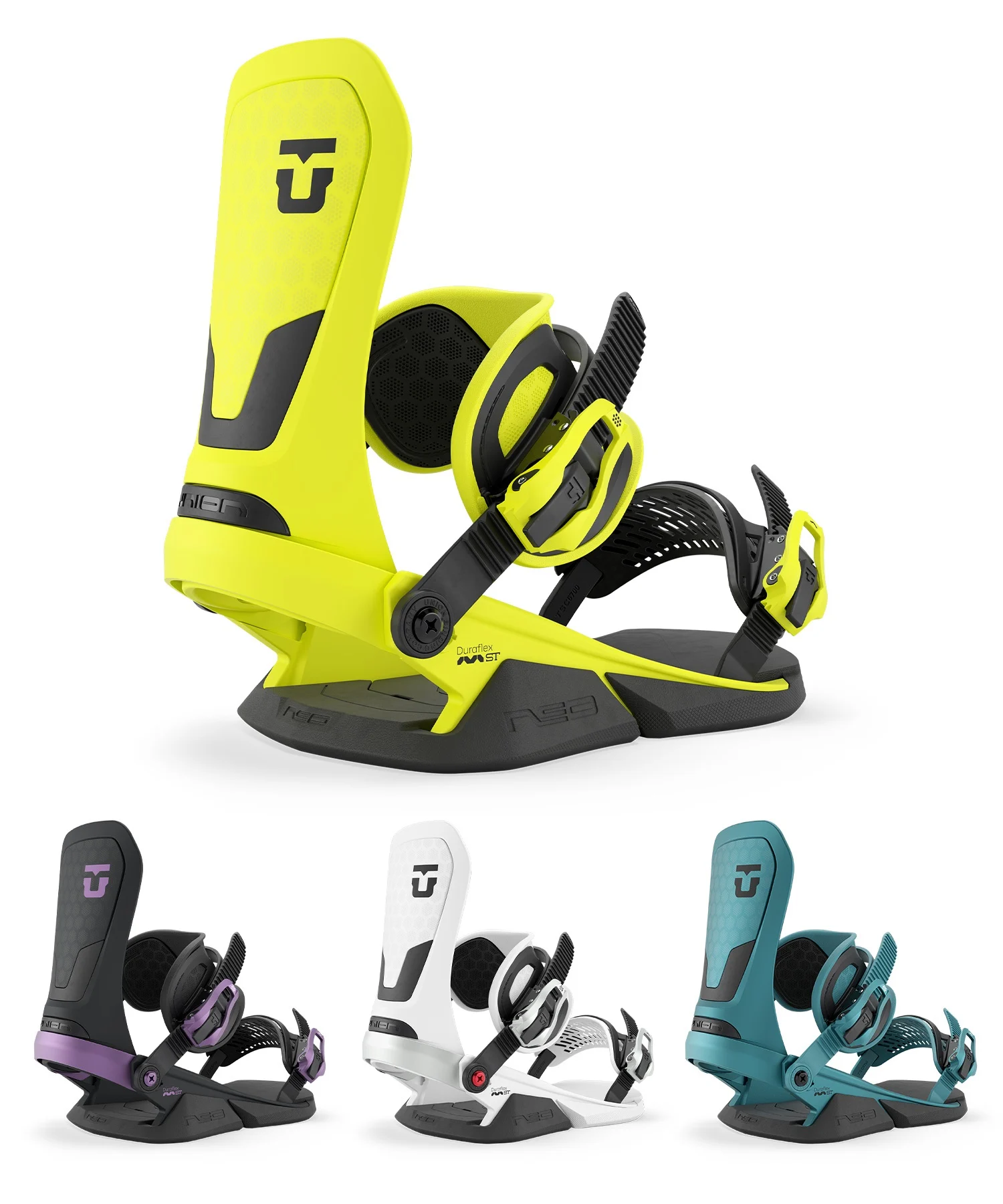 Neon yellow snowboard binding with black straps and ratchets, shown from the side in a high-contrast product shot.