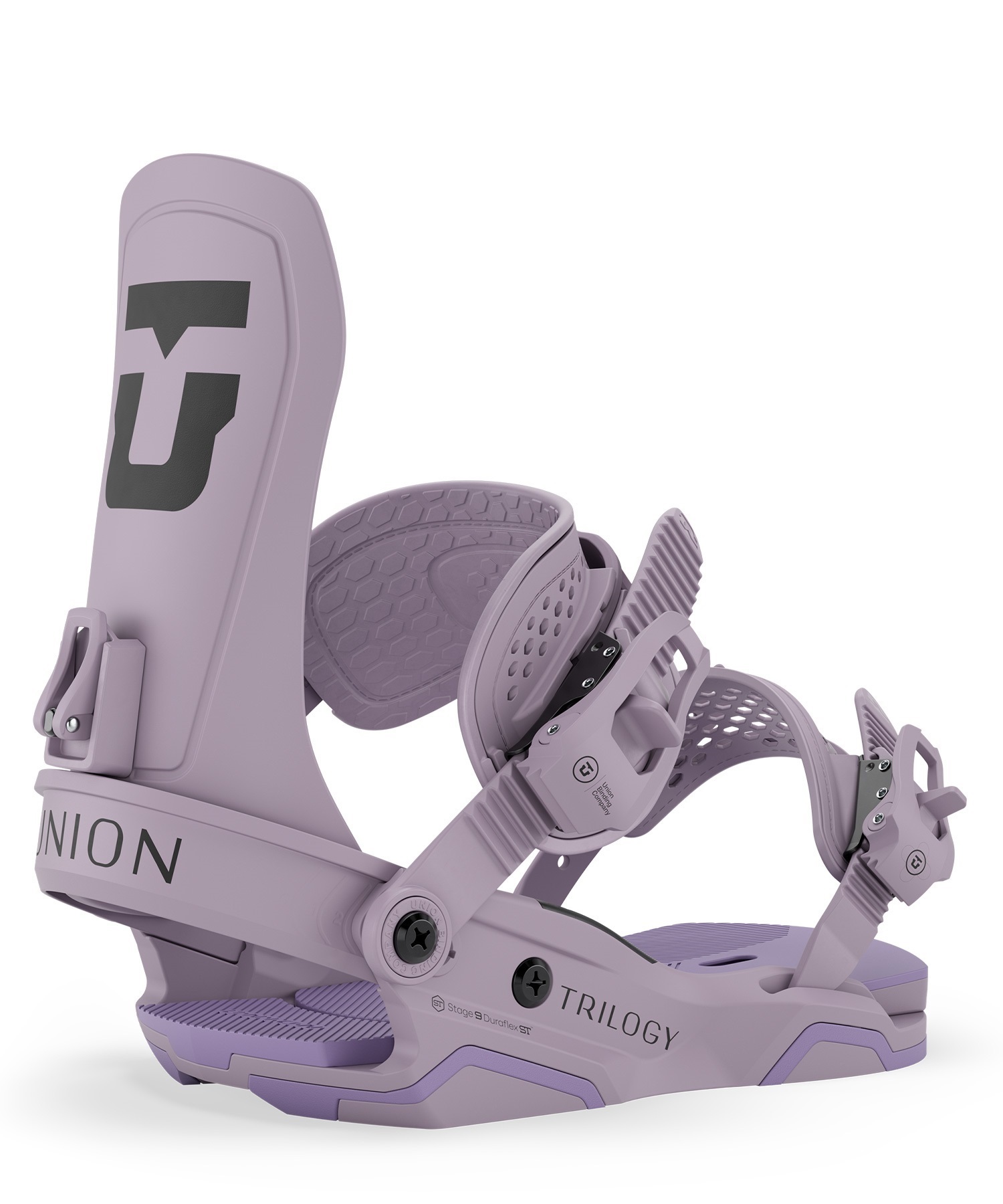 Purple snowboard binding with highback and padded straps, close-up view showing mechanical ratchets and baseplate in lavender hue