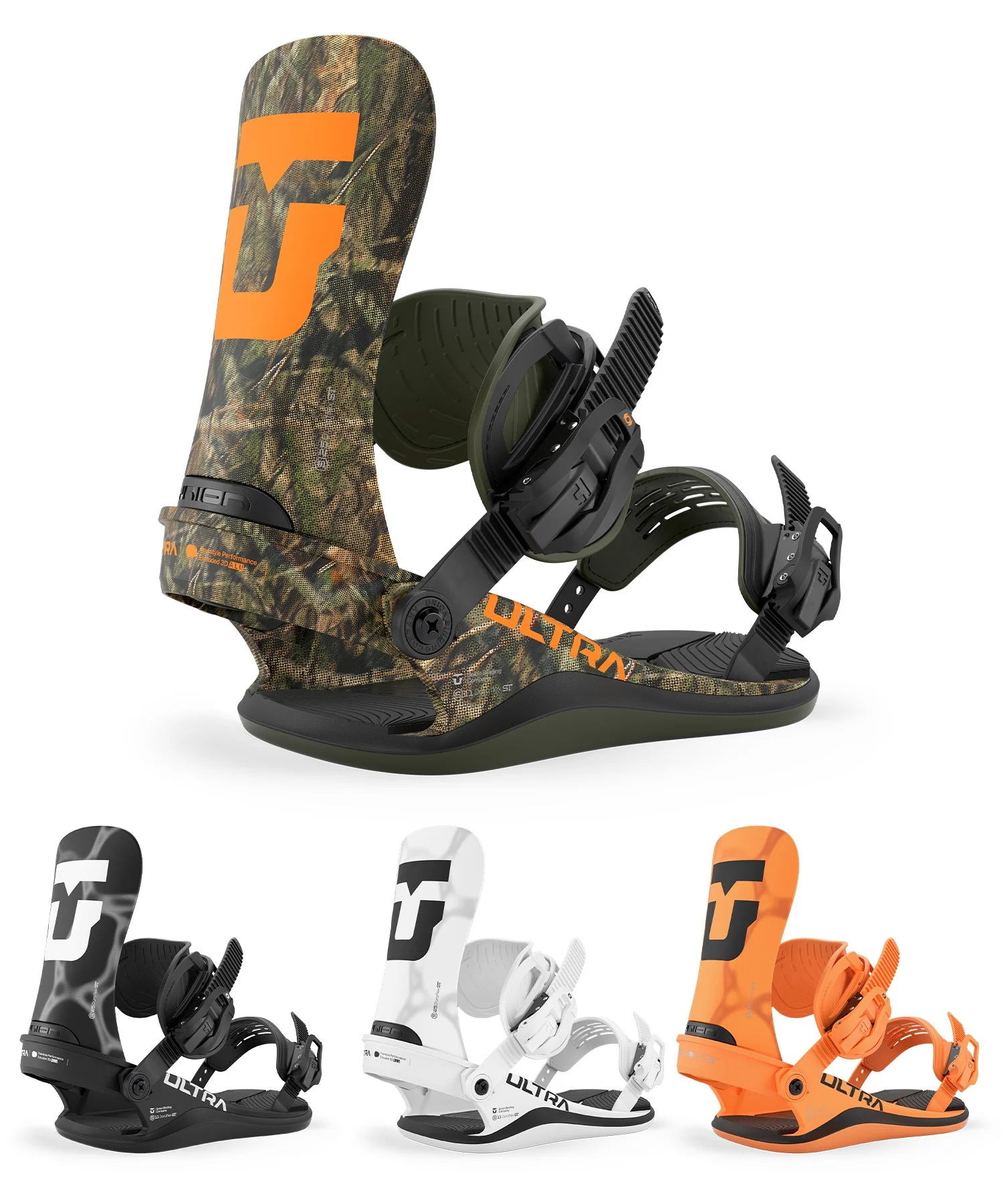 Camouflage-pattern snowboard boot with bright orange logo and adjustable bindings showcased from side view (product image).