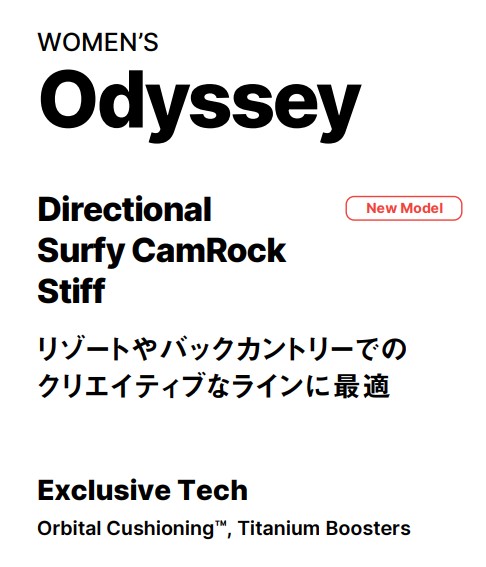 スクリーンショット 2026-04-30 163755 - SHOP NEWS | ムラサキスポーツオンラインストア 通販 Women’s Odyssey product hero: Directional Surfy CamRock Stiff snowboard boot line with a New Model badge, Japanese tagline, and features Orbital Cushioning and Titanium Boosters.