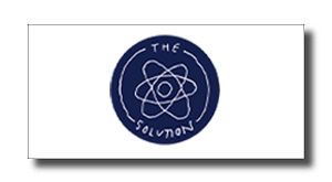 Blue circular logo containing a white atomic model and surrounding text in a dark outline, centered on a white background.
