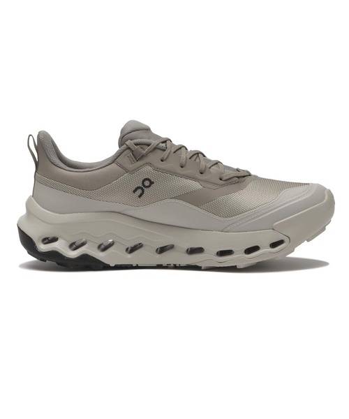 Grey-brown running sneaker with a thick off-white sole and mesh upper (On brand)