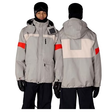 Unisex gray waterproof jacket shown from front and back, with a hood, zip pockets, black gloves, and red reflective arm bands for visibility.