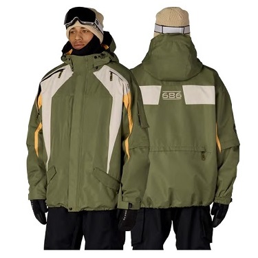 Two models wear green snow jackets with beige and white panels; front and back views highlight design and 686 logo on the back.