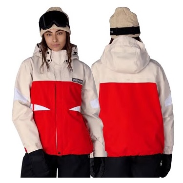 Front and back views of a beige and red ski jacket with white reflective panels, worn with a beige beanie and black pants on a model.
