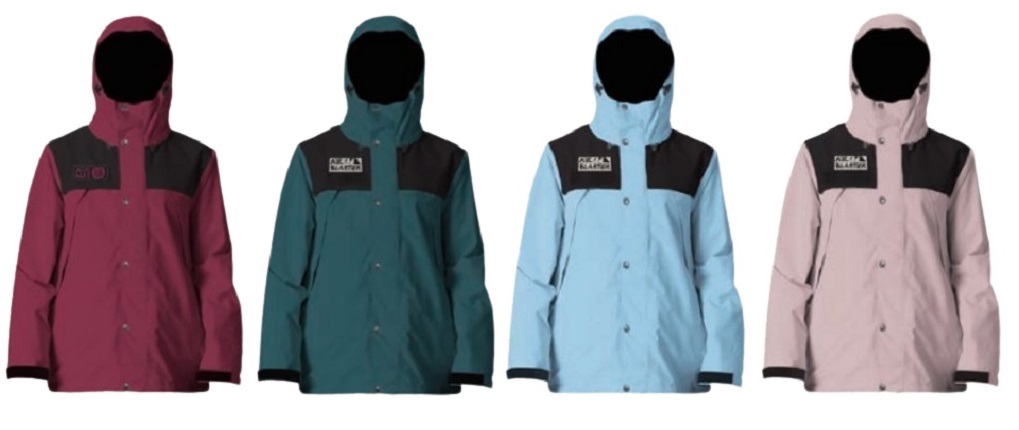 Four hooded jackets in burgundy, teal, light blue, and pink with black shoulder panels and a left-chest patch, shown side by side.
