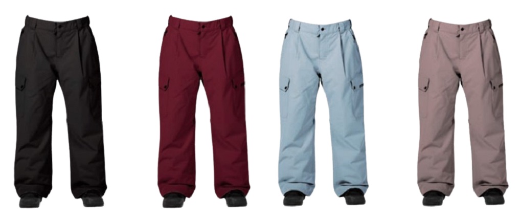 Four pairs of cargo pants in black, burgundy, light blue, and taupe, each with multiple pockets and buttoned hems at the ankles on a white background.