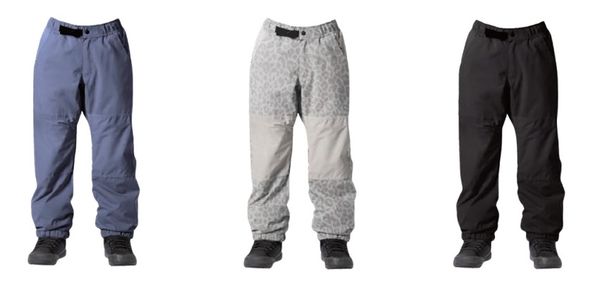 Three pairs of outdoor pants shown side by side: blue pants, gray leopard/camo-pattern pants with reinforced knees, and solid black pants, all worn with hiking boots.