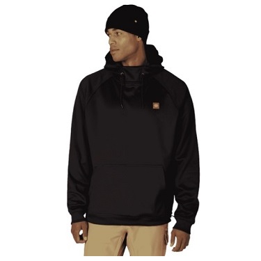 Man in a black hooded sweatshirt with a front pocket and a black beanie, looking to his left; beige pants visible at the bottom.