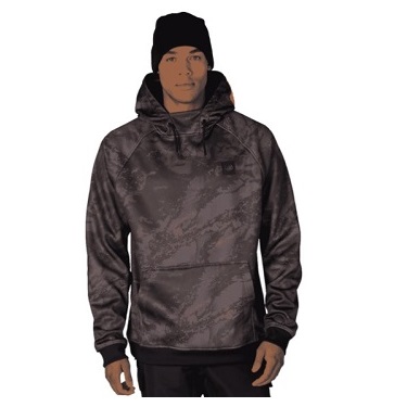 Man wearing a dark camo-pattern hoodie with a front pocket and black beanie.