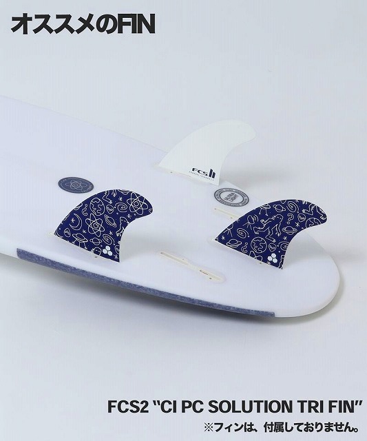 Surfboard with a tri-fin setup: two blue patterned side fins and a white center fin; caption reads 'Recommended FIN'