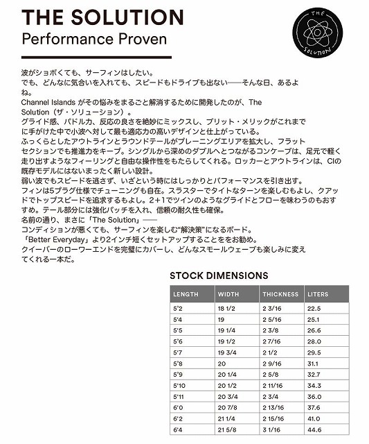 Product flyer for The Solution with Japanese text and a stock dimensions table; circular logo at top right.