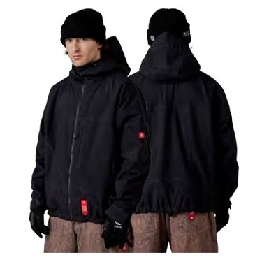 Front and back view of a black hooded winter jacket worn by a man, featuring a full zip, gloves, and a red tag detail on the sleeve/pocket area.