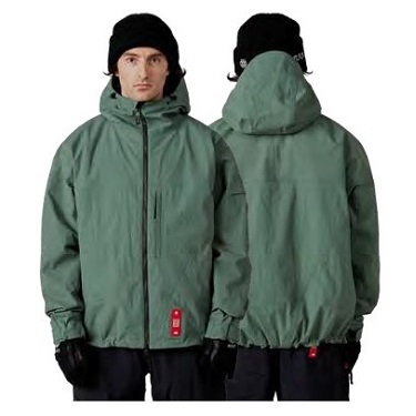 Green hooded windbreaker jacket shown from front and back on two mannequins, with black beanies and gloves; features a full-length zipper and visible red tag.