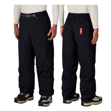 Two people wearing black waterproof pants shown from front and back, with white tops and hiking shoes, highlighting fit and pockets.