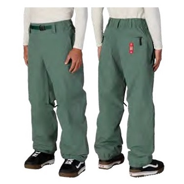 Front and back views of a person wearing green cargo pants with a black belt and sneakers.